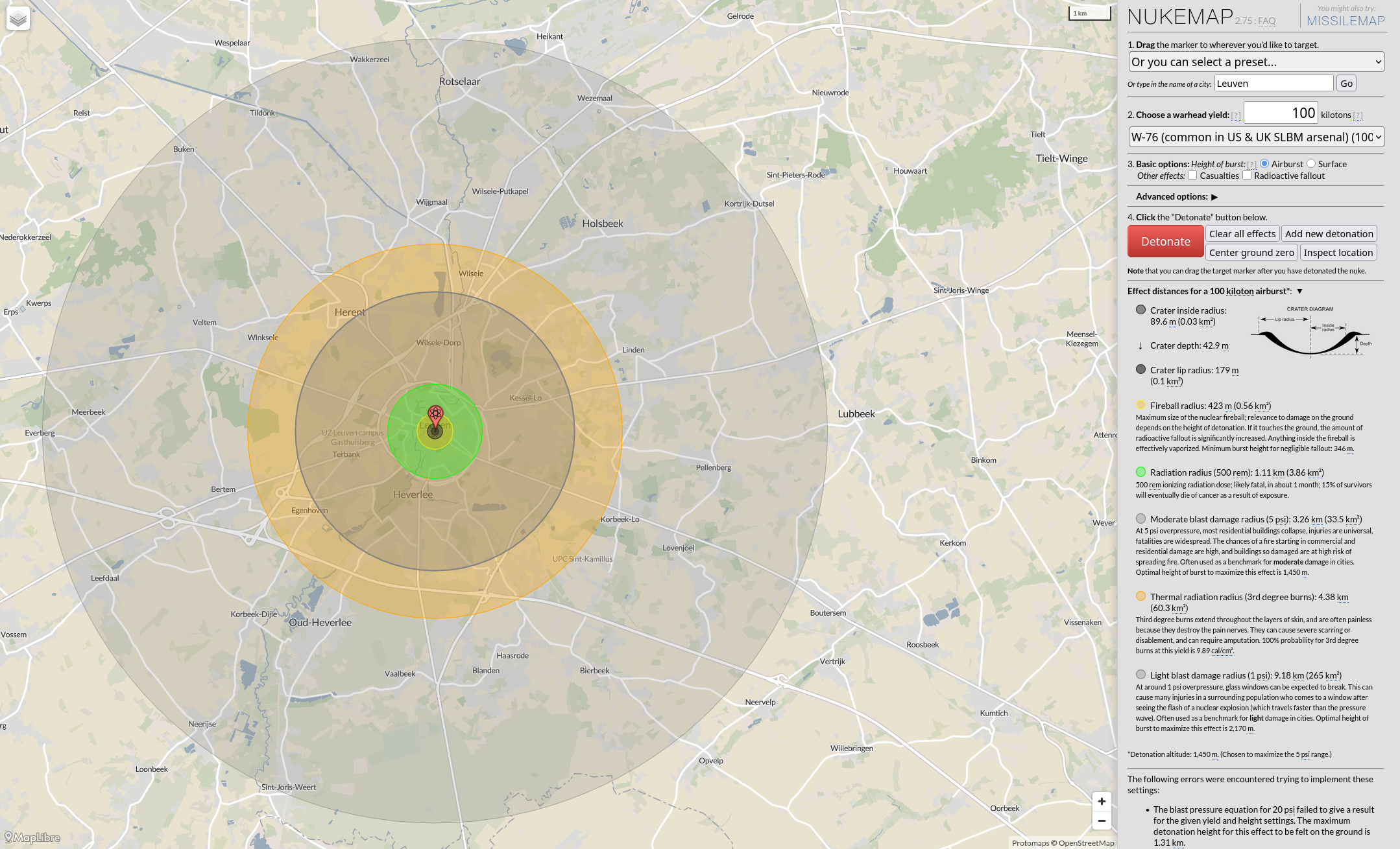 Leuven, 100 kilotons. Note its crater depth, I suppose.
